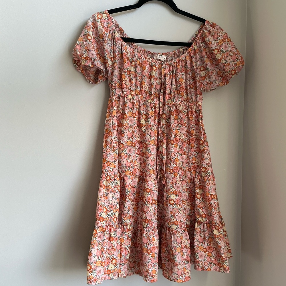 Blush Pink Floral Puff Sleeve Mini Dress – Cottagecore Tiered Babydoll Size S